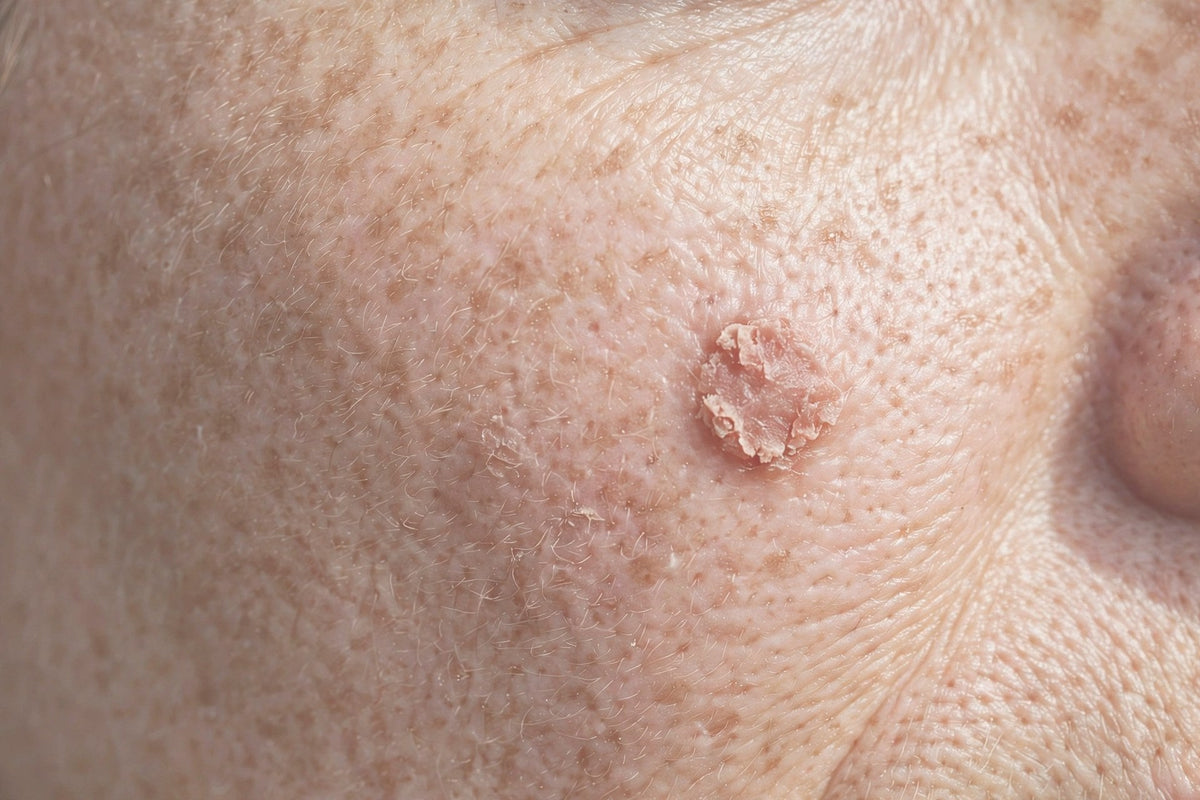 Actinic keratosis rough patch on the cheek — close-up — OrOrgani