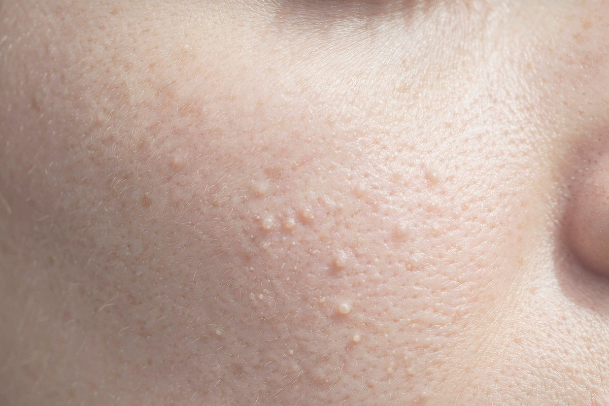 Closed comedones on the cheek — close-up — OrOrgani
