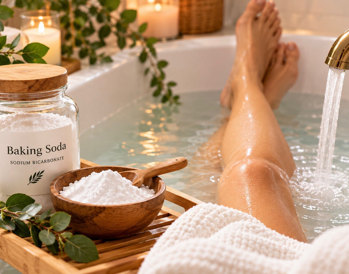 A jar and a wooden bowl of baking soda on a bath tray beside a bathtub with candles and greenery