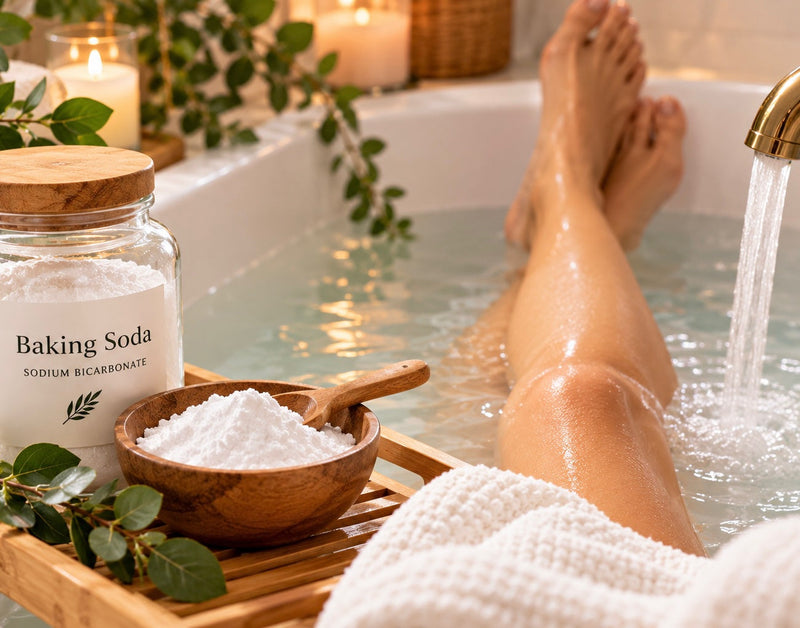 A jar and a wooden bowl of baking soda on a bath tray beside a bathtub with candles and greenery