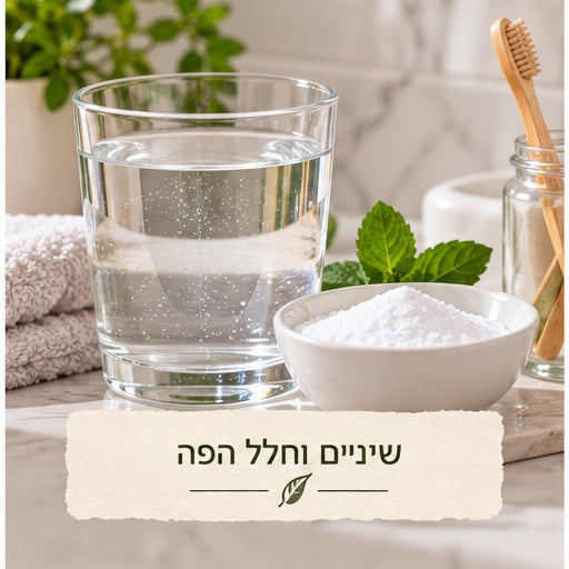 A glass of water next to a small bowl of baking soda powder, fresh mint leaves and wooden toothbrushes on a marble surface, with a Hebrew banner reading Teeth and Oral Care