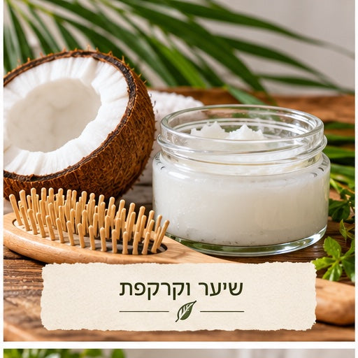 A jar of coconut oil beside half a coconut and a wooden hair brush with palm leaves, and a banner reading "Hair and Scalp" in Hebrew