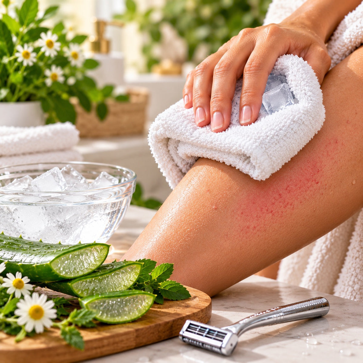 A woman's leg with red, irritated skin after shaving, a cold white towel with ice cubes pressed against it, a glass bowl of ice water, aloe leaves, chamomile flowers and a razor on a marble surface