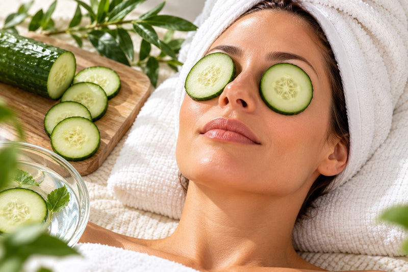 Cold cucumber slices on closed eyes