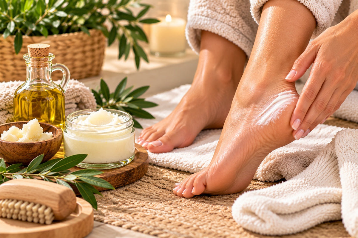A woman applying cream to her dry heel beside a jar of shea butter, a bottle of oil, cotton socks and towels