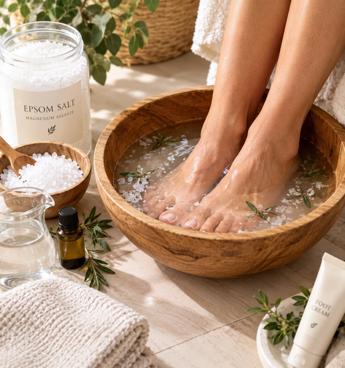 Feet soaking in a wooden bowl of warm water with Epsom salt, beside a jar of Epsom salt and foot cream