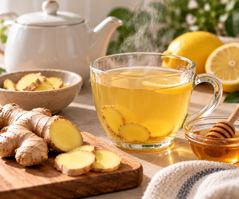 A steaming glass cup of ginger tea with ginger and lemon slices, a white teapot, fresh ginger root and slices on a wooden board, and a small bowl of honey