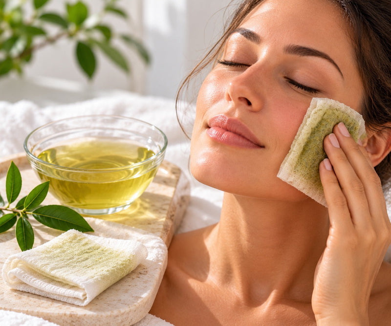 A woman holding a green-tea-soaked cloth compress to her cheek, with a glass bowl of green tea infusion beside her