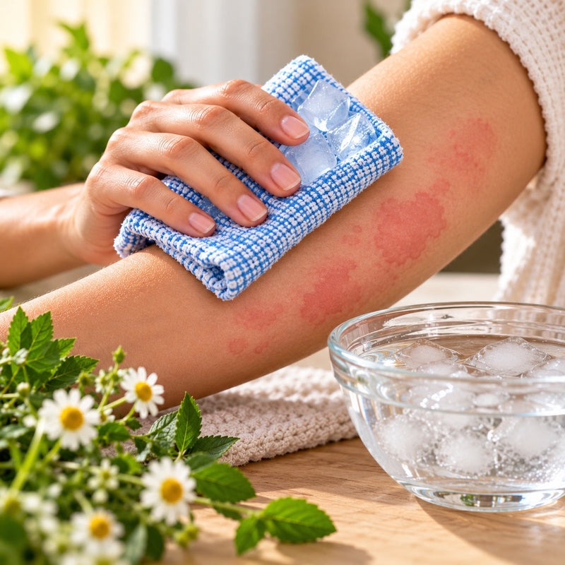 A cold compress of ice cubes in a blue checkered cloth held against hives on an arm, next to a bowl of ice water and chamomile flowers
