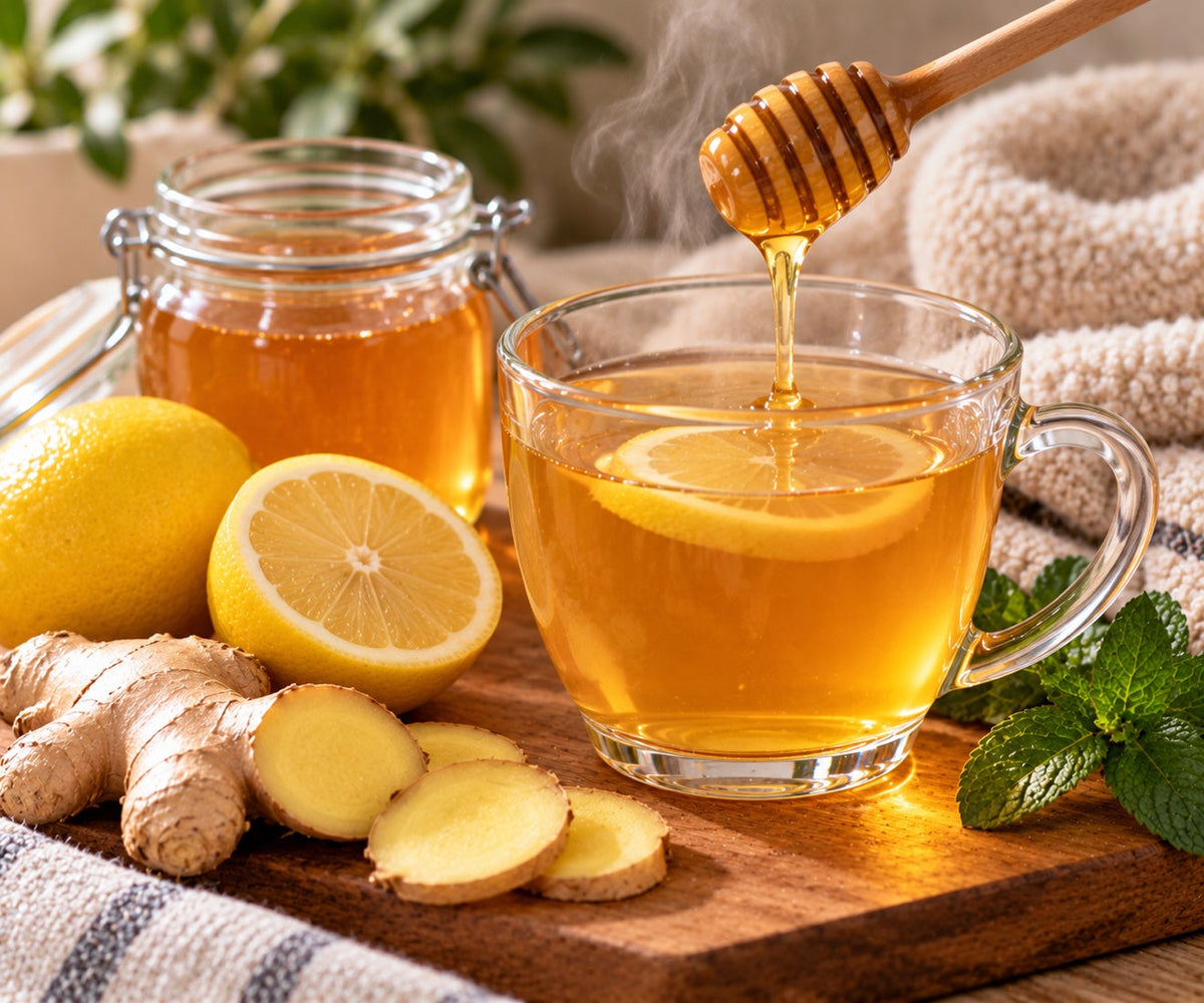 A glass cup of warm ginger infusion with a slice of lemon, honey being drizzled into it from a honey dipper, a jar of honey, fresh ginger and lemon beside it