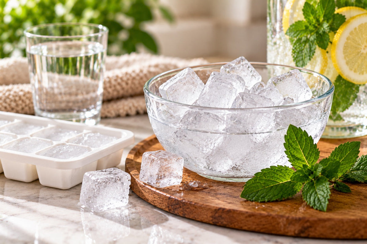 A bowl of small ice cubes on a wooden board next to an ice cube tray, a glass of water and a pitcher of water with lemon and mint, with fresh mint leaves