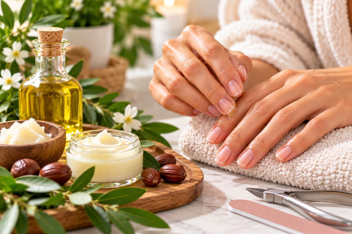 A woman applying a jojoba oil and shea butter mixture around her fingernails, with a bottle of golden jojoba oil, a jar of shea butter and jojoba nuts on a wooden tray, a nail file and cuticle nipper beside her