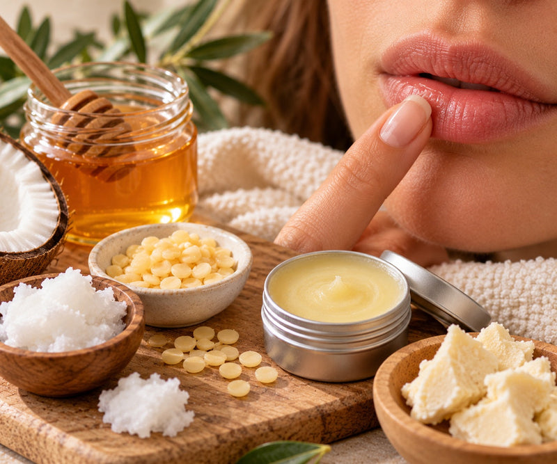 A woman applying lip balm to her lips beside a small open tin of homemade balm, bowls of shea butter, coconut oil and beeswax pellets