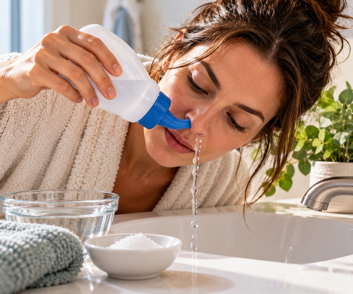 A woman rinsing her nose with a saline rinse bottle over a bathroom sink, water flowing from her nostril, beside a bowl of water and a small dish of salt