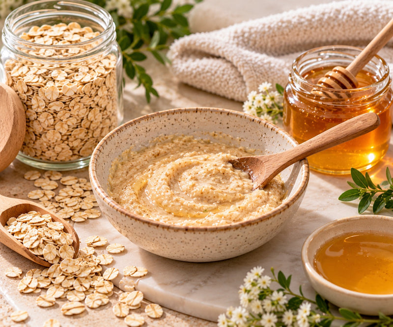 A bowl of creamy oatmeal and honey face mask mixture beside a jar of rolled oats and a jar of honey