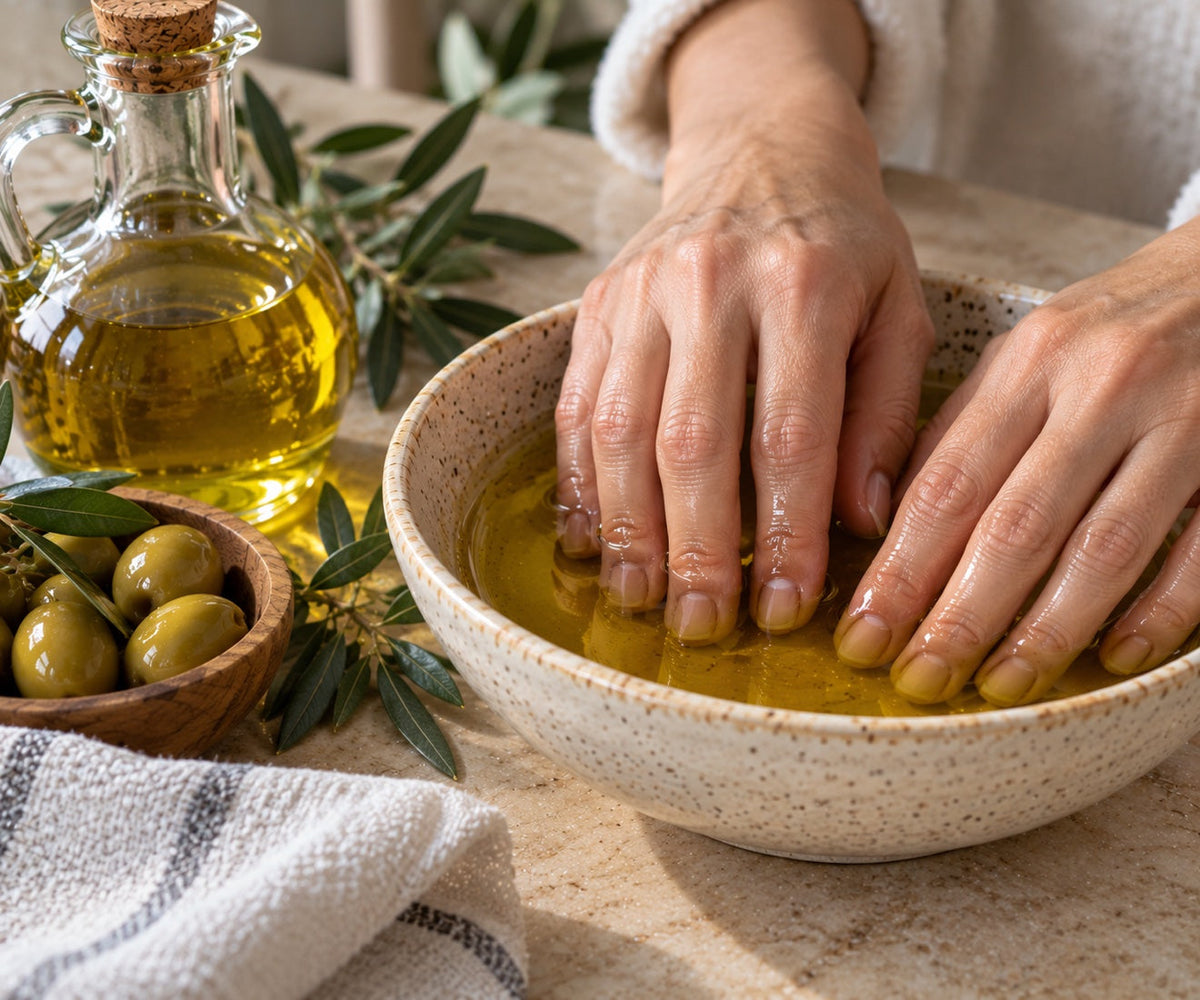 Hands soaking their fingertips in a bowl of warm olive oil, beside a cruet of olive oil and a small bowl of green olives
