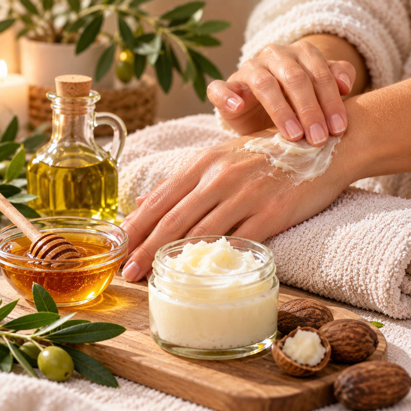 Hands being moisturized with shea butter beside an open jar of shea butter, a bottle of oil, a small bowl of honey and shea nuts on a wooden board