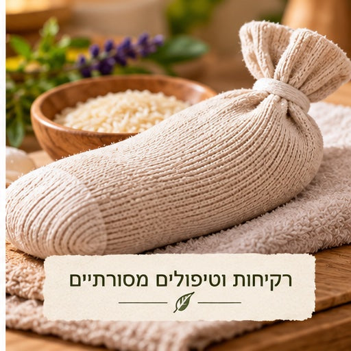 A warm rice pillow made from a knotted cream-colored knitted cotton sock, next to a wooden bowl of dry rice and lavender sprigs, with a 'Traditional Remedies & Treatments' banner