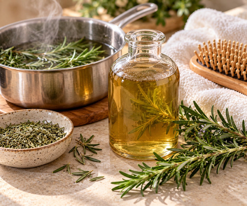 A pot of rosemary sprigs steeping in hot water beside a glass bottle of golden rosemary infusion, fresh rosemary sprigs and a bowl of dried rosemary