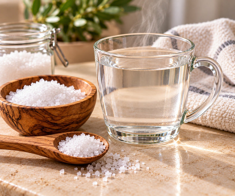 A steaming glass mug of warm water beside a wooden bowl and spoon of coarse salt, a jar of salt and a folded towel