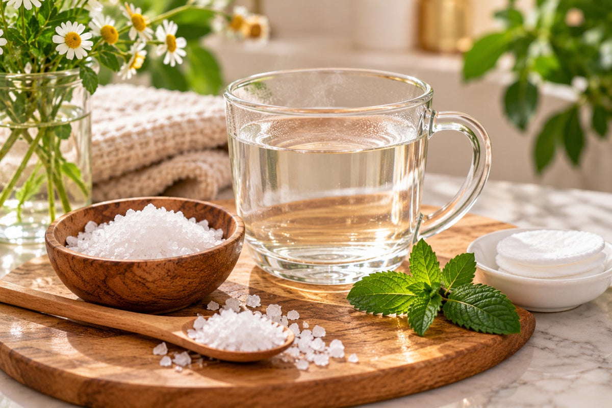 A glass mug of warm water next to a wooden bowl of coarse salt, a wooden spoon with salt, fresh mint leaves and cotton pads on a wooden board, with chamomile flowers