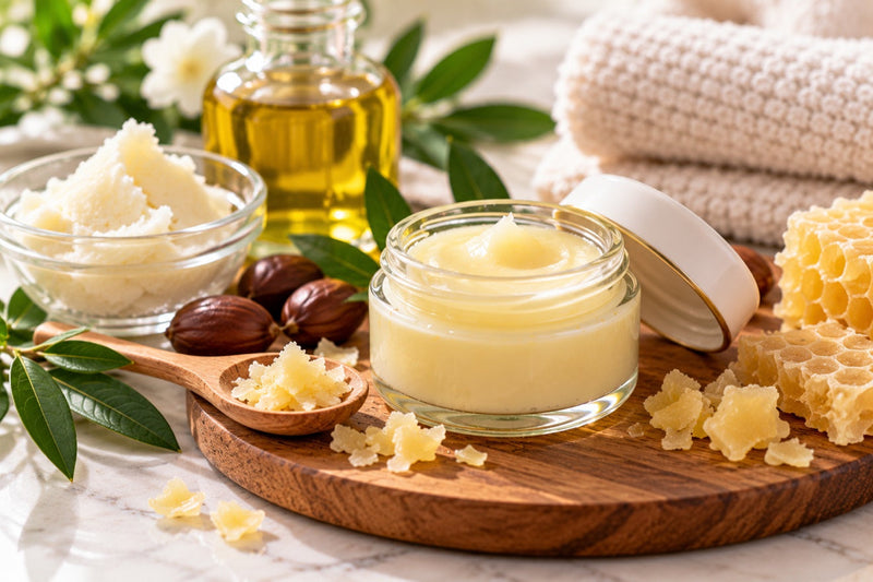 An open glass jar of creamy homemade lip balm on a wooden board, with a bowl of shea butter, a bottle of golden oil, shea nuts, beeswax flakes, honeycomb and green leaves