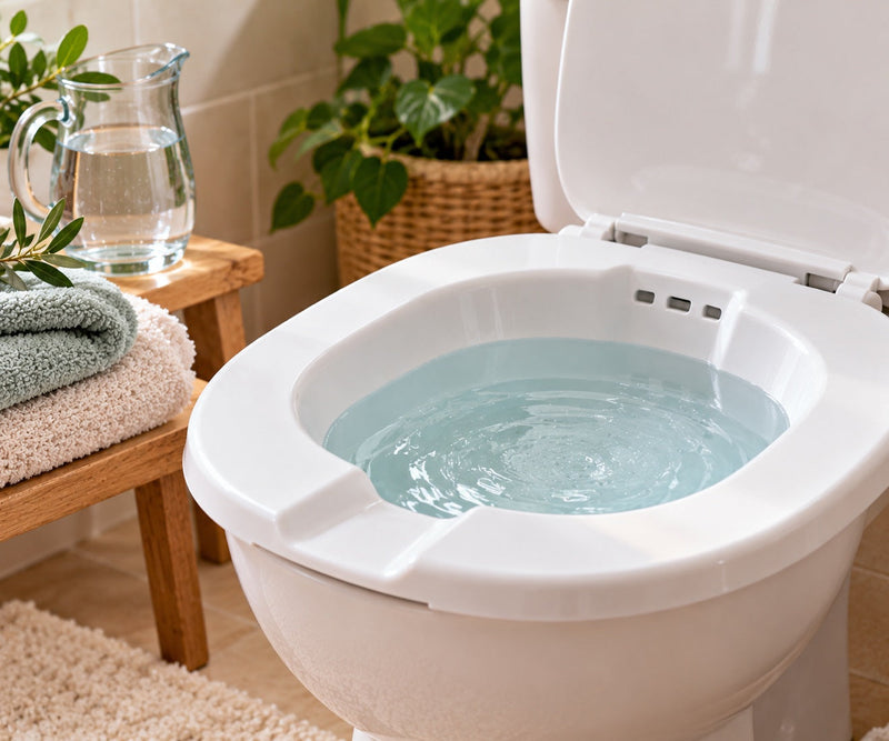A white sitz bath basin filled with clear warm water fitted over a toilet, beside folded towels and a glass jug of water