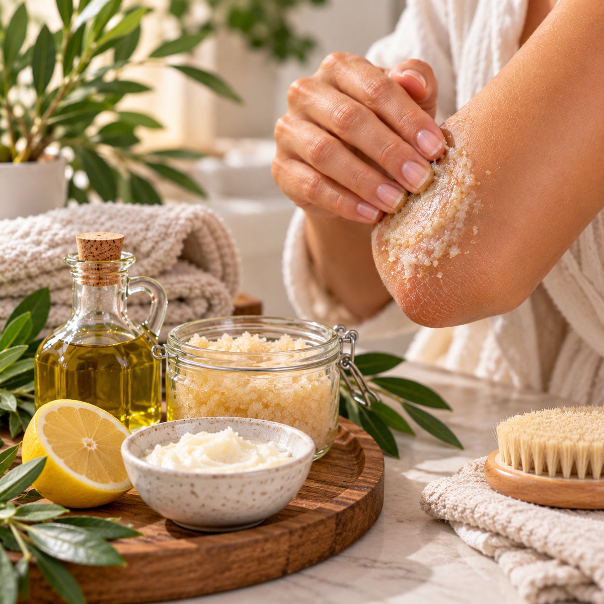 A woman gently rubbing a natural scrub into her dry elbow, with a jar of scrub, olive oil, lemon and shea butter on a wooden board and a body brush beside her