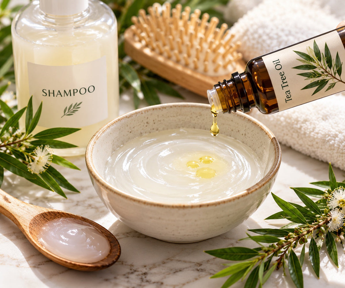 Tea tree oil being dripped into shampoo in a small bowl