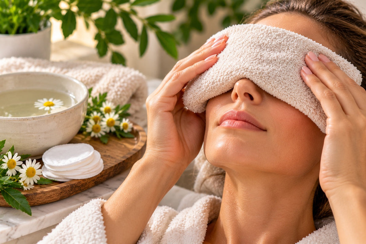 A woman holding a warm towel compress over her closed eyes, with a bowl of warm water, chamomile flowers and cotton pads beside her