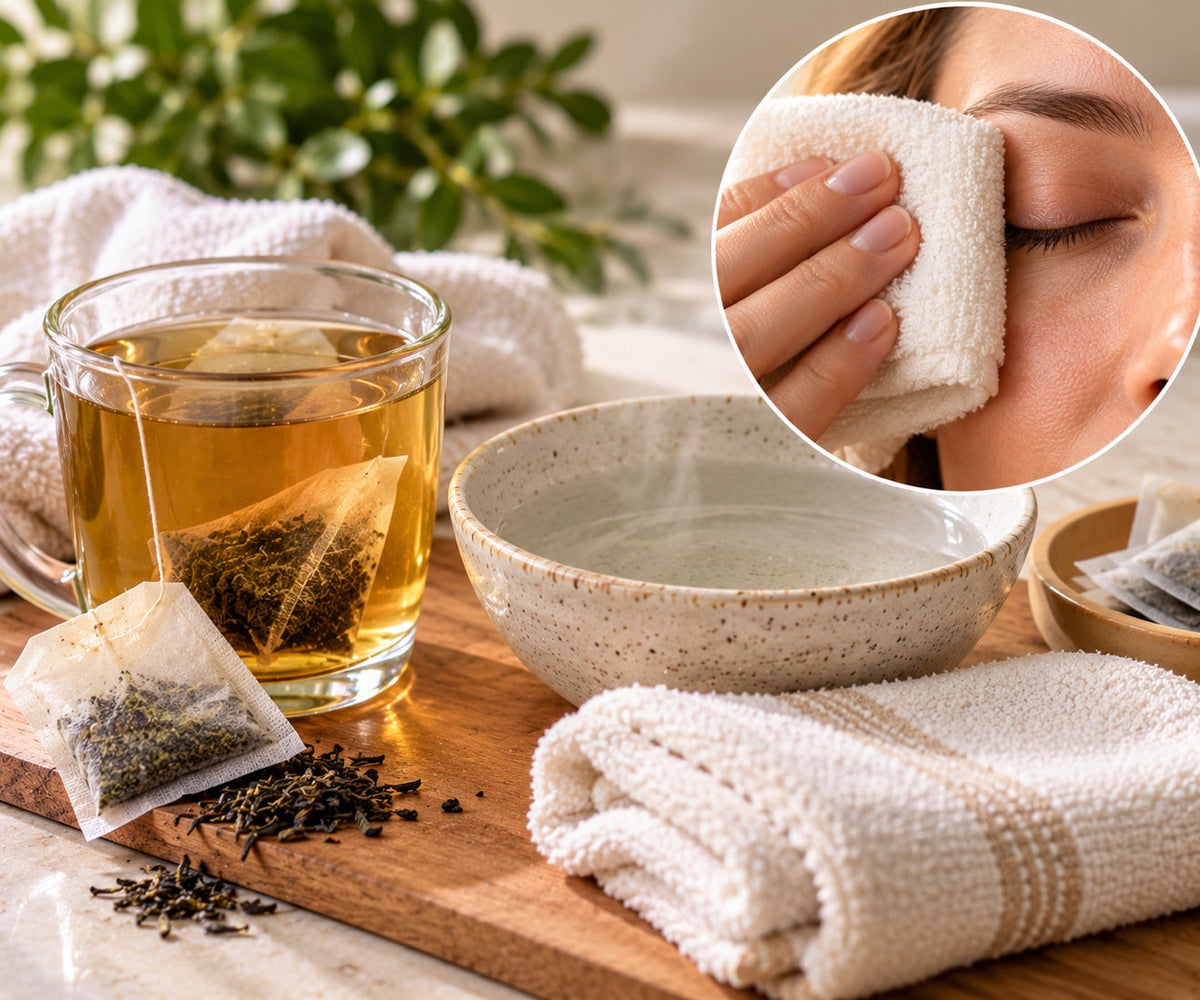 A cup of tea with a tea bag, a bowl of warm water and a folded cloth, with an inset of a woman holding a warm cloth to her closed eye