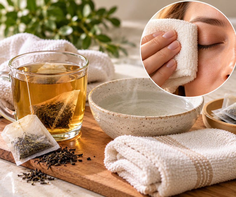 A cup of tea with a tea bag, a bowl of warm water and a folded cloth, with an inset of a woman holding a warm cloth to her closed eye