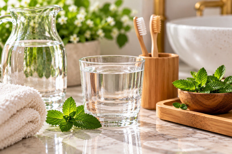 A glass of water and a glass pitcher of water on a marble bathroom counter, wooden toothbrushes in a bamboo holder, fresh mint leaves in a small wooden bowl and a folded towel