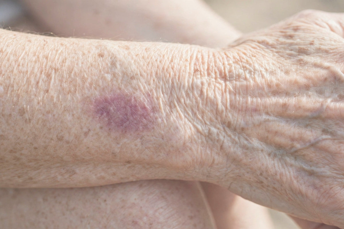 Solar purpura purple patch on the hand — close-up — OrOrgani